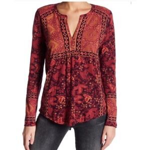 Lucky Brand Mixed Print Knit Top Womens Small Plum & Rose Boho Split Back
